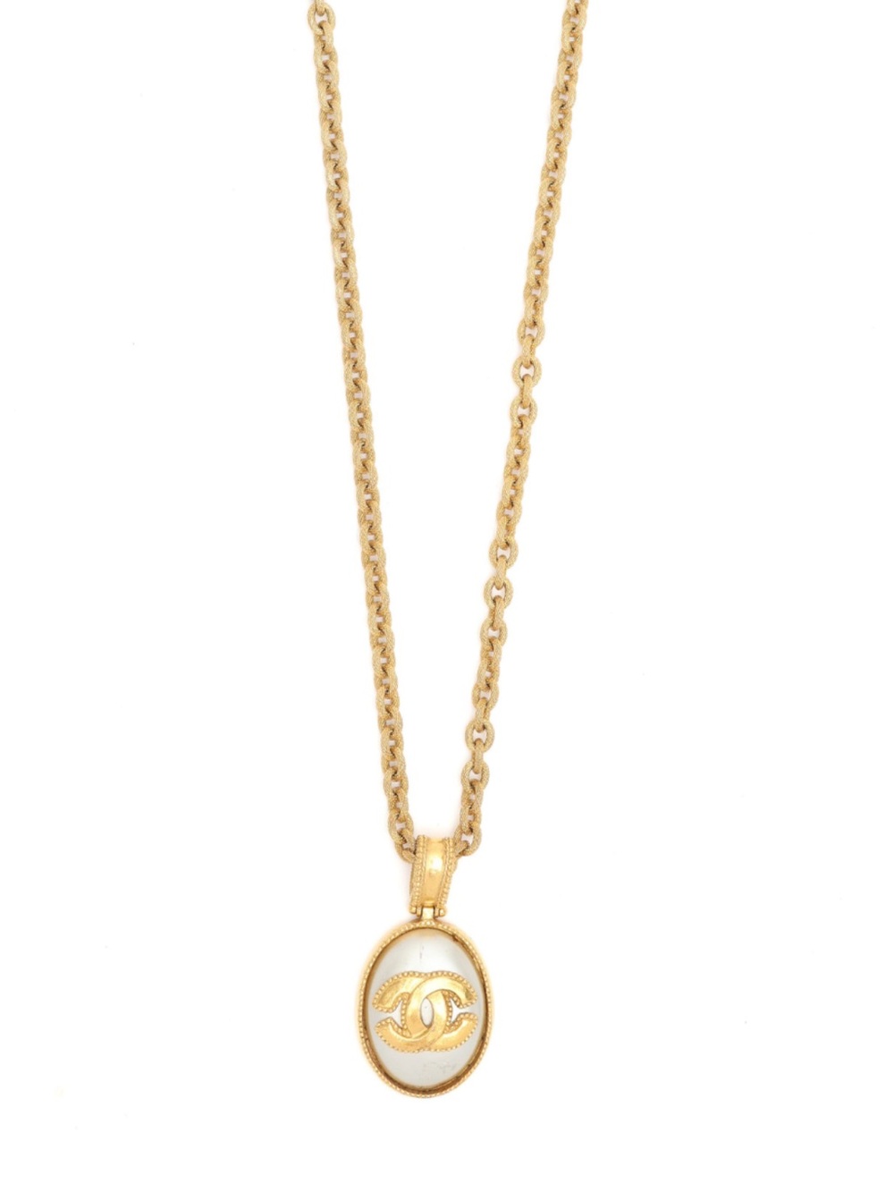 CHANEL Gold and White Oval CC Pendant Necklace